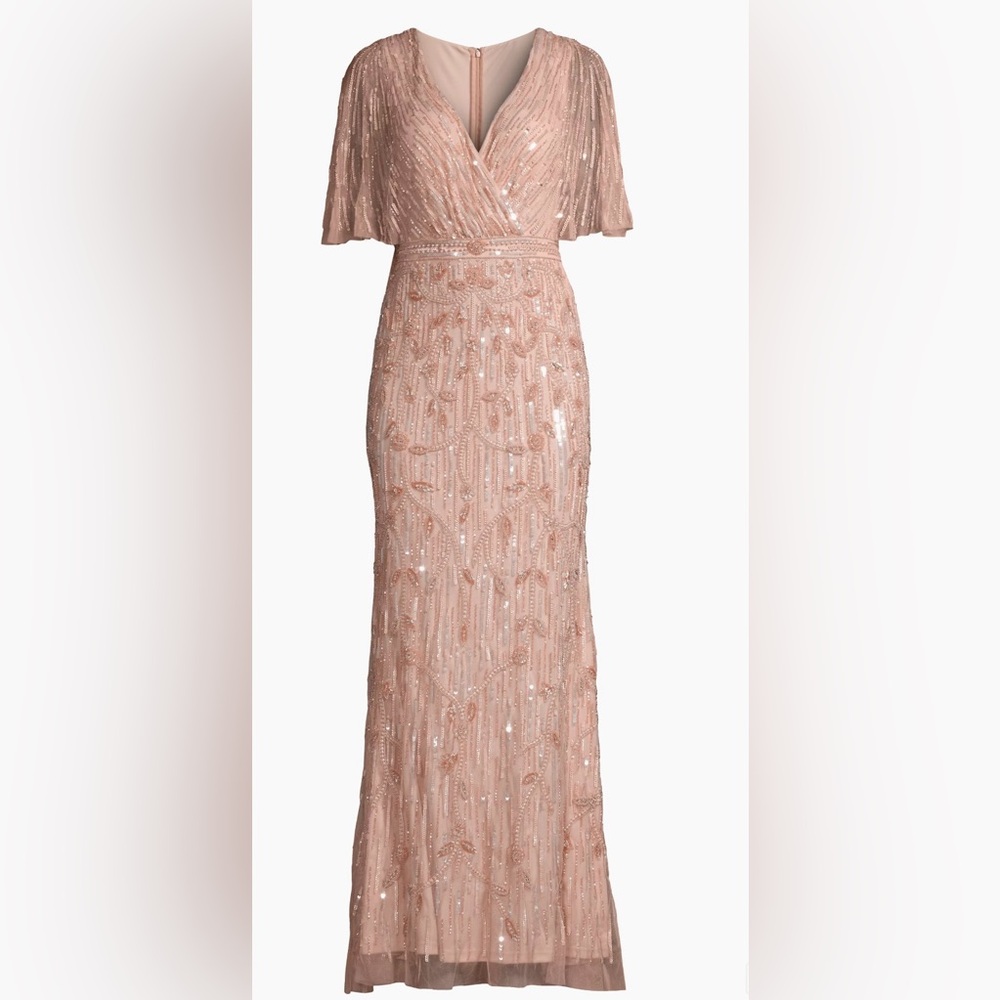 EMBELLISHED CAP SLEEVE FAUX WRAP TRUMPET GOWN Color Blush size 16